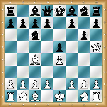 r1bqkbnr/pppp1p1p/2n3p1/4p2Q/2B1P3/8/PPPP1PPP/RNB1K1NR w KQkq - 0 1