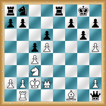 rn2r1k1/pp3p1p/3p2p1/2pP3P/2P5/2N5/PPKQ3P/1R3B1q w KQkq - 0 1
